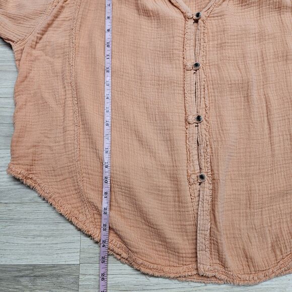 We The Free People Orange Cotton Distressed Blouse Size Small Oversized Button - Picture 9 of 10